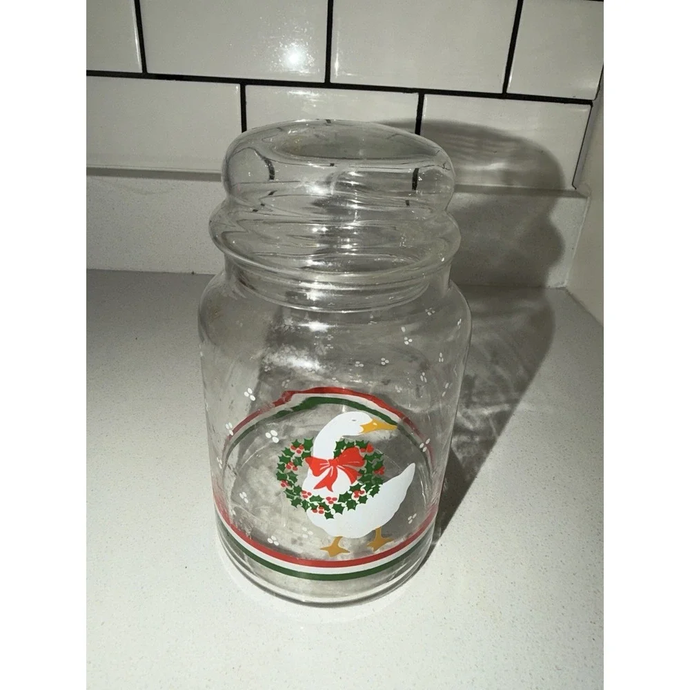 Libbey Apothecary Glass Jar W/Lid Christmas Goose & Wreath VINTAGE EUC